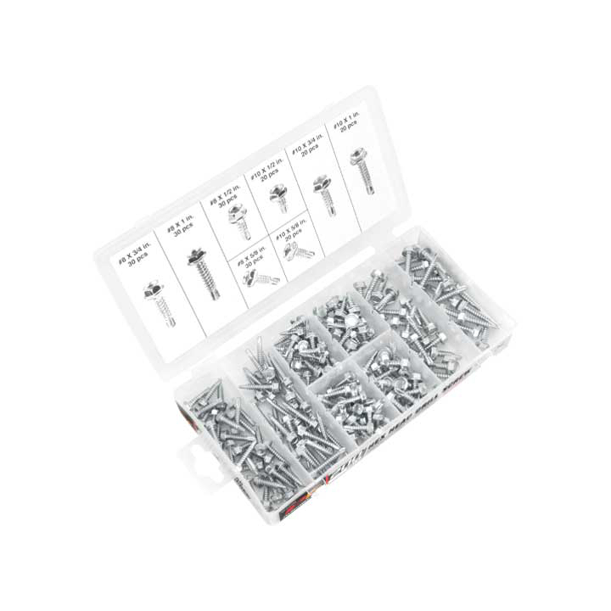 Performance Tool Hex Head Washer Self-Drilling Screw Assortment — 200 Pcs, Eight Popular Sizes, Re-Sealable Case, Model# PRTW5220